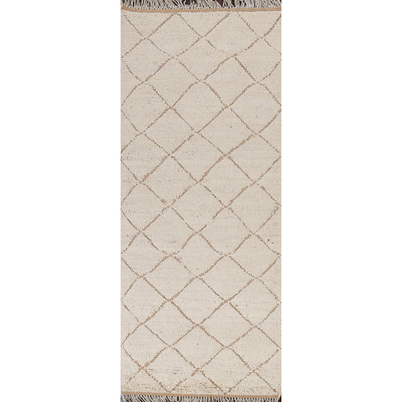 Tapis de couloir ivoire en laine noué à la main de conception unique 2 pi 10 po x 8 pi 10 po Moroccan