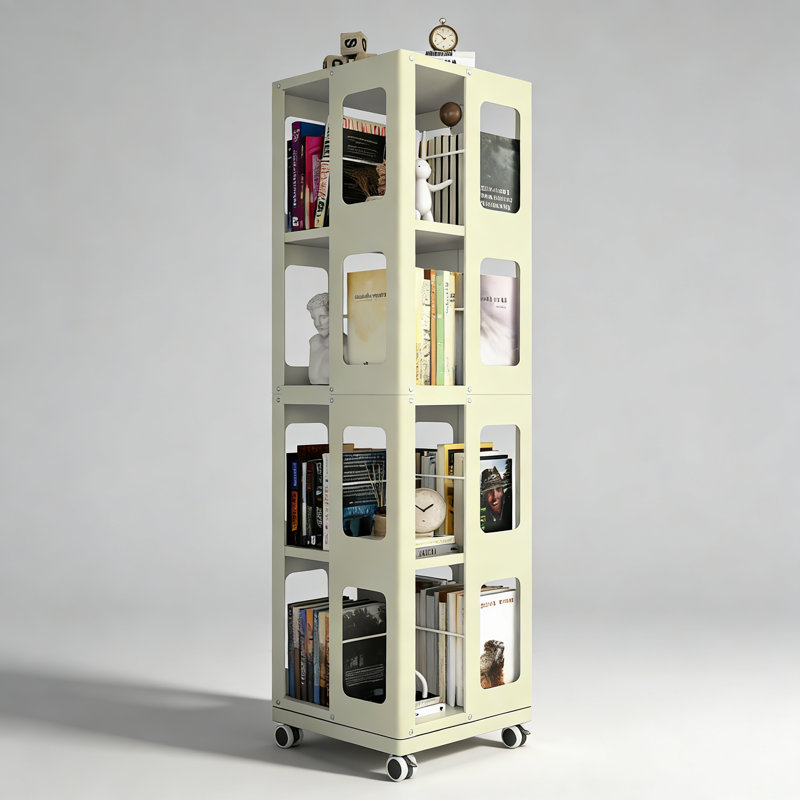 4-Tier Steel Rotating Bookshelf with 360° Wheels, Large Size Book Rack, Yellow