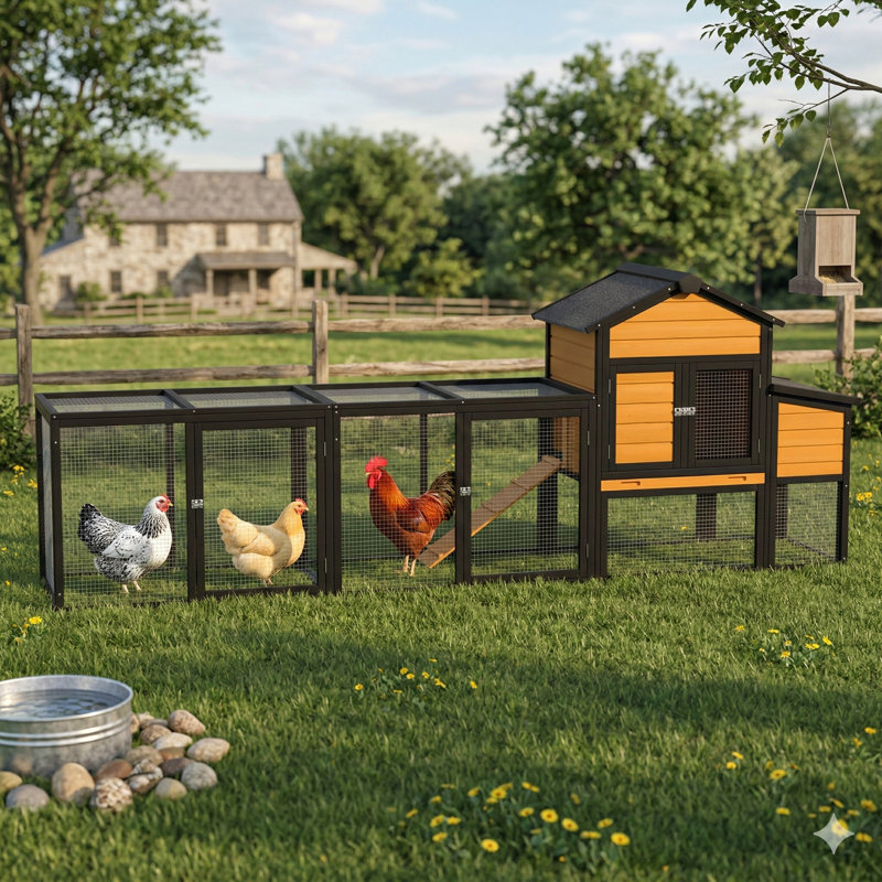 Poulailler d'extérieur en bois avec enclos fermé, comprenant 7 points d'accès, un plateau de nettoyage coulissant, une boîte de nidification et une rampe d'accès - abri pour oiseaux de jardin idéal pour 2 à 4 poules, modulaire et extensible