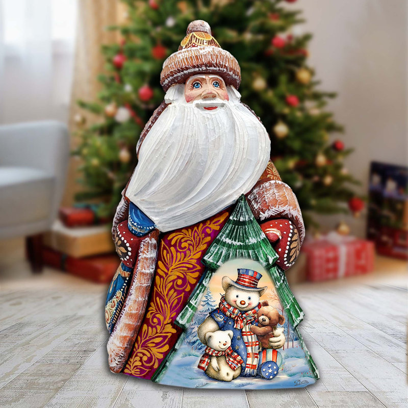 American-Style Snowman Santa Wood Carved Figurine By G. Debrekht
