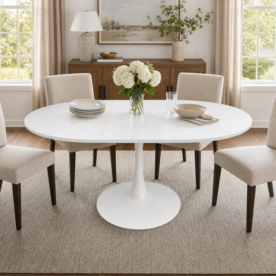 Table de salle à manger extensible moderne (table seule, sans chaises, plateau et pieds inclus), piètement tulipe en MDF blanc pour cuisine familiale