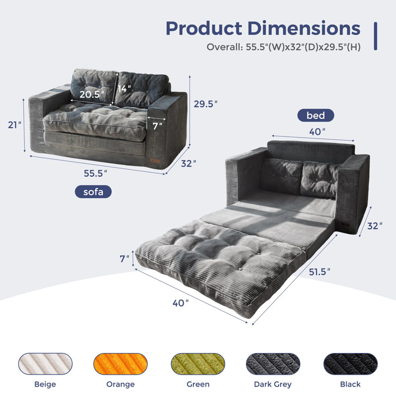Bean Bag sofa,Floor Sofa Bed Loveseat, Dark Gray Corduroy, 29.5" H x 55.5" W x 32" D