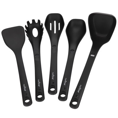 Ensemble d'ustensiles de cuisine en silicone Nuthausf - ensemble d'ustensiles de 8 pièces avec spatule, fourchette à pâtes, cuillère solide, cuillère rainurée et support à outils, résistant à la chaleur, de qualité alimentaire, facile à nettoyer et empilable (noir)
