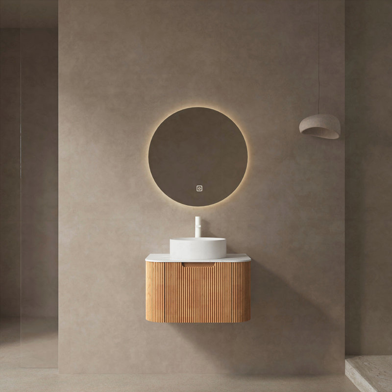 Meuble-lavabo de salle de bain avec lavabo, armoire de rangement de salle de bain moderne à bords arrondis et courbes avec tiroir, lavabo en céramique blanc rond sans robinet, pré-assemblé