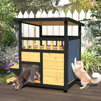 2-Story Outdoor Cat House with Door Flaps and Scratching Pad，Black and Yellow Wooden Pet House