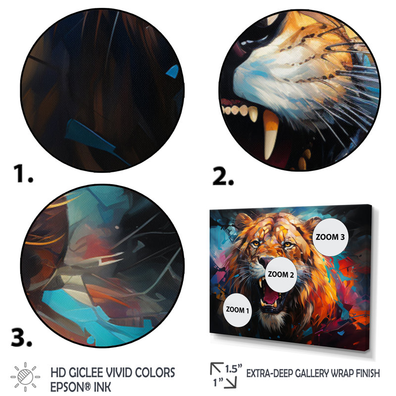 «Lion Futuristic Wilderness Futurist», reproduction d'art sur toile, H 24 po x l 32 po x P 1 po, Cadre simple blanc