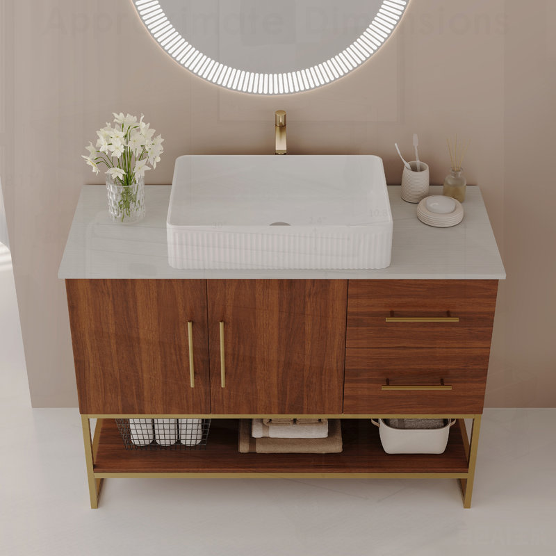 Meuble-lavabo moderne avec lavabo vasque en céramique, armoire autoportante dorée