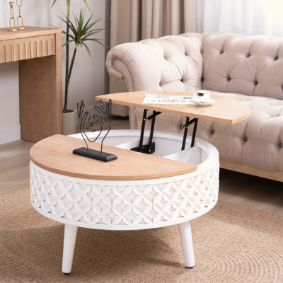 Table basse ronde avec rangement - table d'appoint relevable, mobilier de salon moderne de style bohème, base sculptée avec plateau en bois naturel