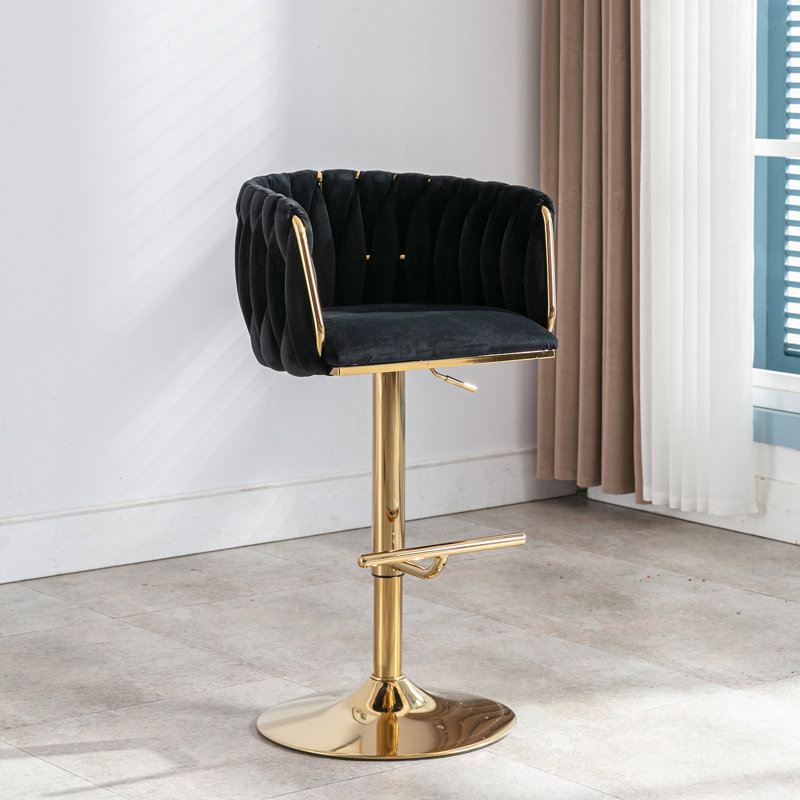 Swivel Adjustable Height Velvet Bar Stool, Black, 1