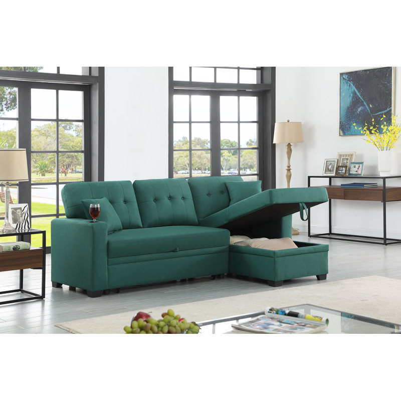Upholstered L-Shaped Sectional Reversible, Green Polyester Blend