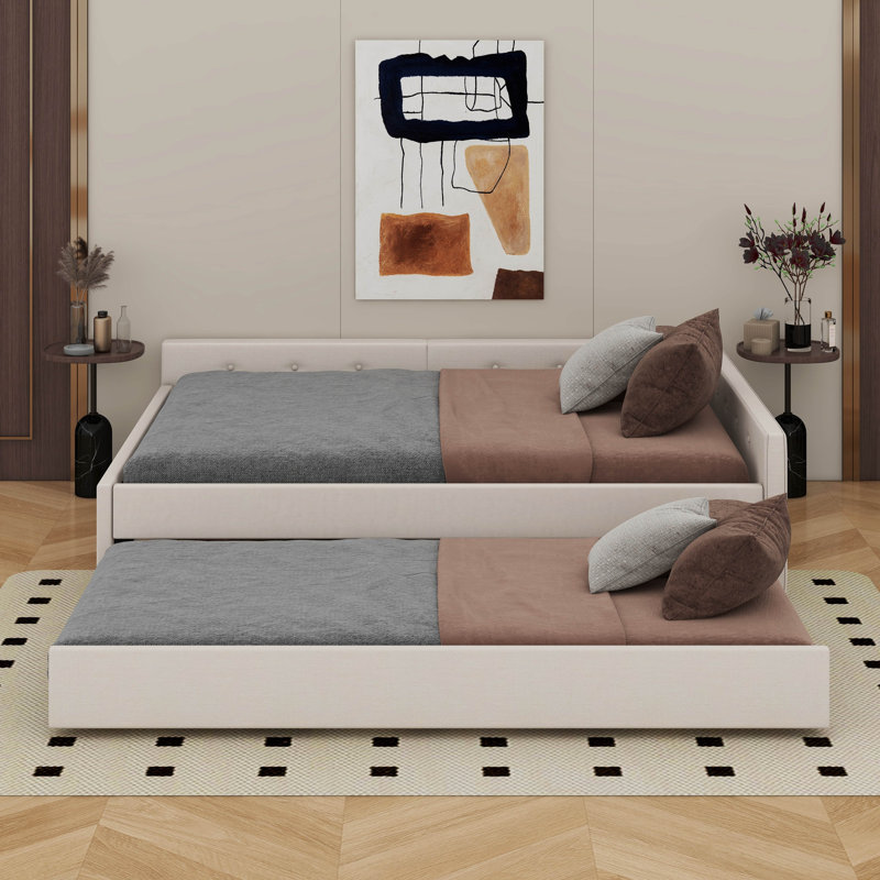 Lit plateforme tapissier avec lit gigogne et port USB, Grand lit