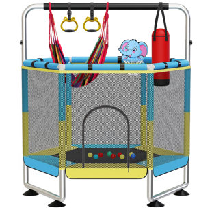 Adjustable Hexagonal Trampoline With Safety Enclosure, Heavy-Duty Trampoline, for Backyard, Gym and Training, Recreational Jumping, Round Fitness Equipment with Gymnastics Hoop/Bar, Indoor/Outdoor Use, Easy Assembly