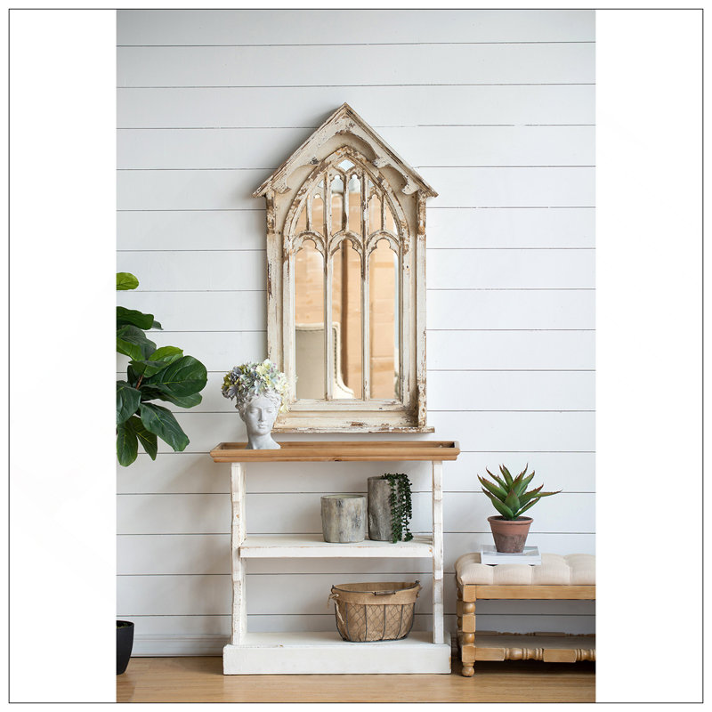 35.5" X 14" X 32" Distressed White And Natural Wood Shelf Tray, French Country Console Table