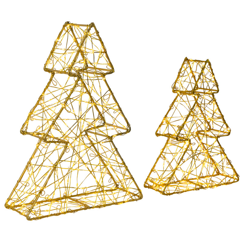 LED Lighted Wire Christmas Tree Decorations - 14" - White - Set Of 2, Gold