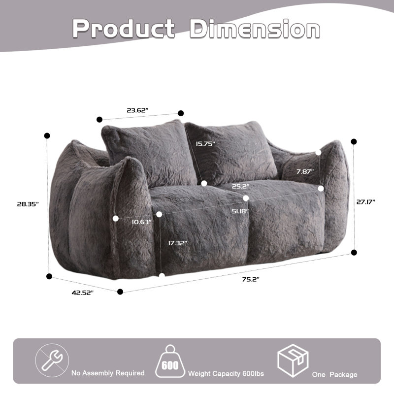 Fauteuil à billes géant pour adultes, canapé moelleux moelleux pour causeuse, fauteuil surdimensionné Chase à l'intérieur pour la chambre à coucher du salon, sans assemblage requis, fauteuil de lecture confortable avec coussins, gris