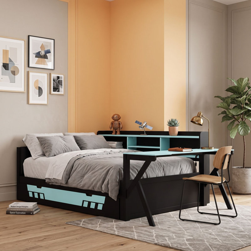 Lit de jour en bois avec bureau, bibliothèque, tiroirs de rangement, éclairage DEL et station de charge, Lit double