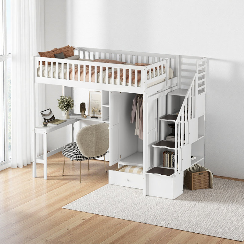 Lit mezzanine simple avec bibliothèque, tiroirs, bureau et garde-robe, Blanc