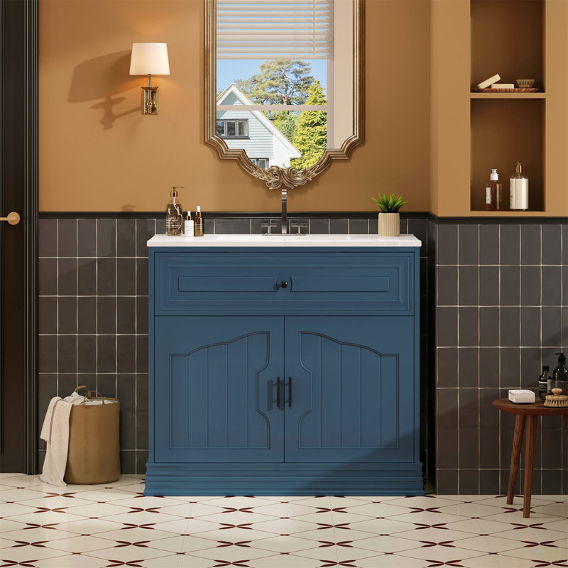Meuble-lavabo de luxe 36 po avec lavabo en céramique, meuble-lavabo avec 2 grandes portes à fermeture douce et meuble de rangement en bois massif