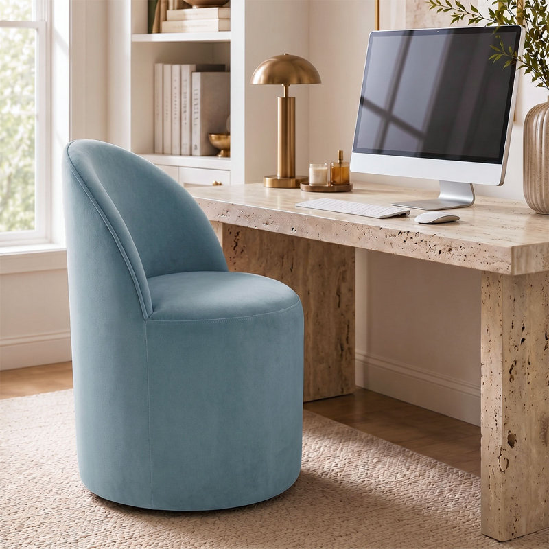 Petite chaise de bureau rembourrée en velours entièrement assemblée avec roulettes cachées, Blue