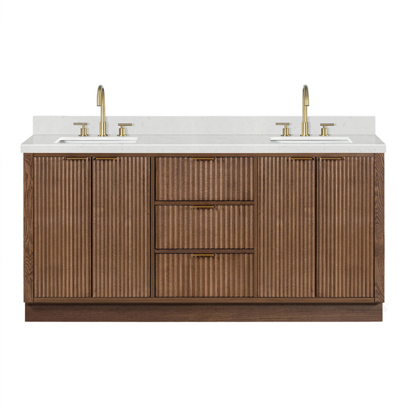Haun 72'' Solid Wood Double Bathroom Vanity with 1.5'' Carrara Quartz Top, Rectangle, Brown Oak