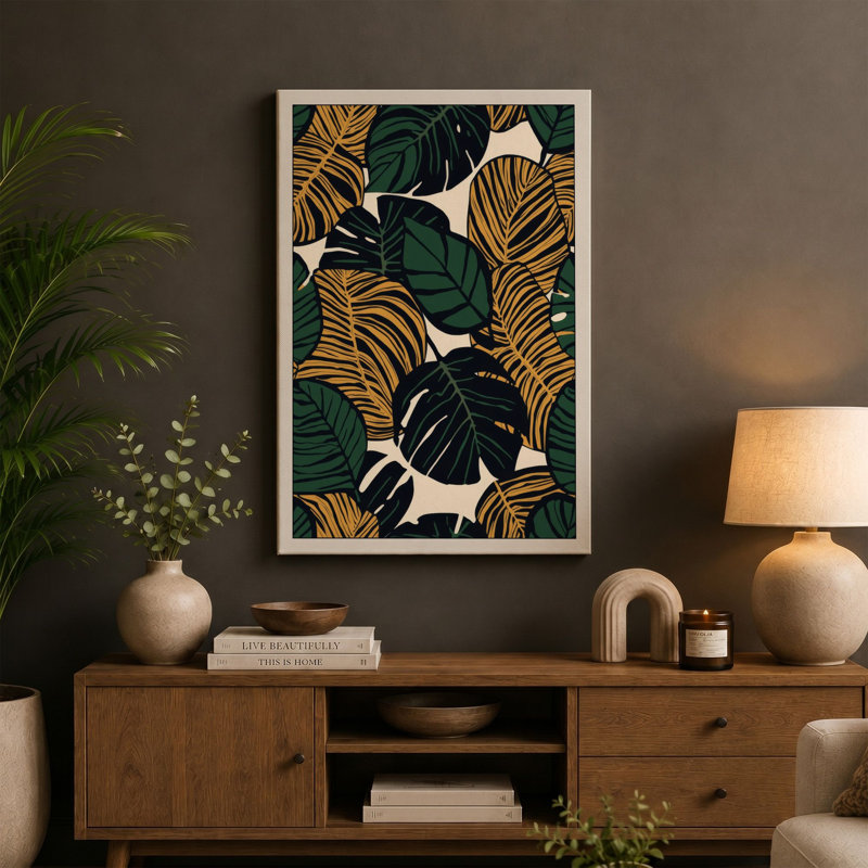 Tropical Leaf Pattern Botanical - Wrapped Canvas, 18x12 - 45.7 x 30.5 cm, Terracotta Border