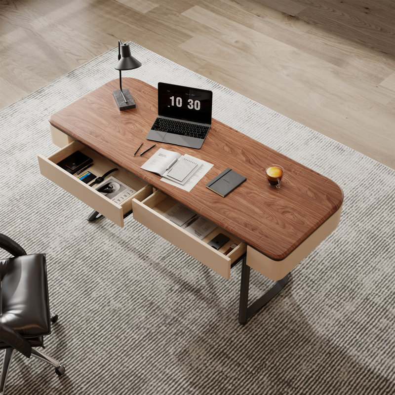 Bureau d'écriture Rhuddlan 63 po, bureau en bois brun, 2 tiroirs, pieds en acier inoxydable