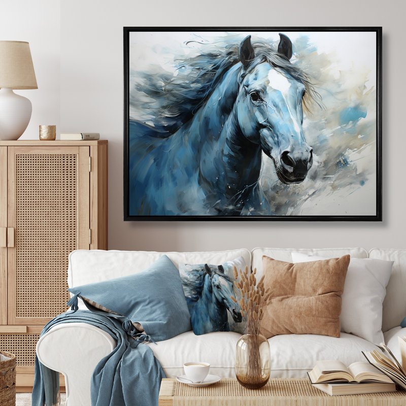 «Blue Horse Vibrant Blue Equine I», art mural grand cheval, Cadre flottant noir, H 16 po x l 32 po x P 1 po