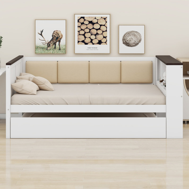 Wood Daybed With Storage Shelves, Upholstered Backrest,USB And Trundle, Twin