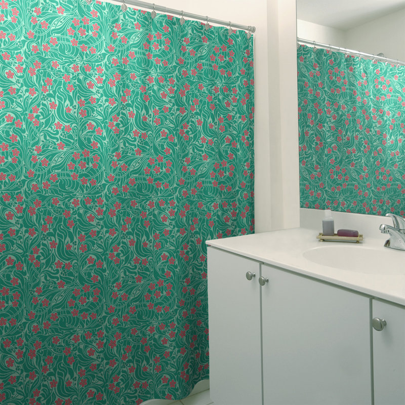 Rideau simple à motif floral tourbillons, Vert et rose