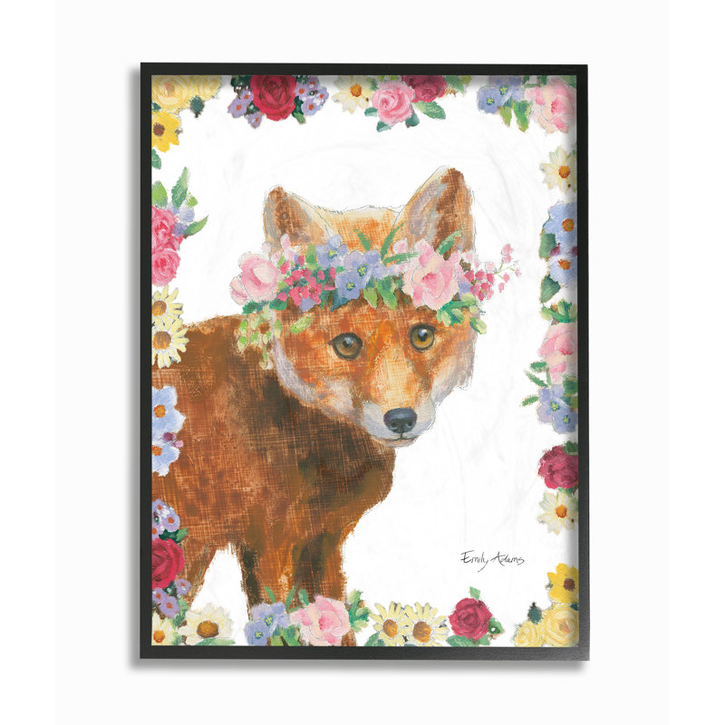 Sarvis «Flower Friends Fox», impression, H 14 po x l 11 po x P 1,5 po, Giclée encadrée noir minuit