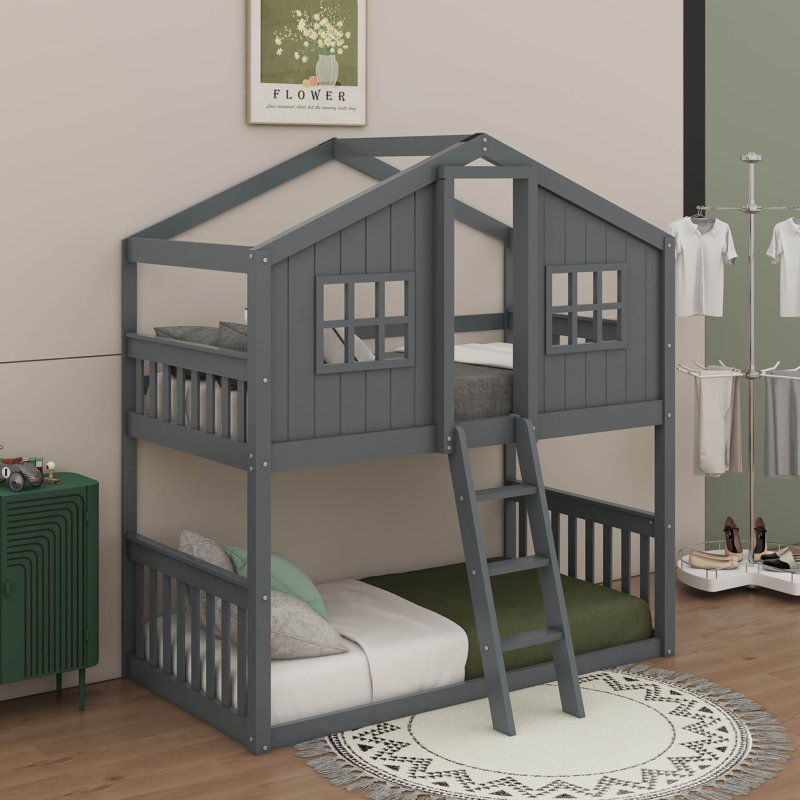 Twin Over Twin House Bunk Bed With Ladder, Gray