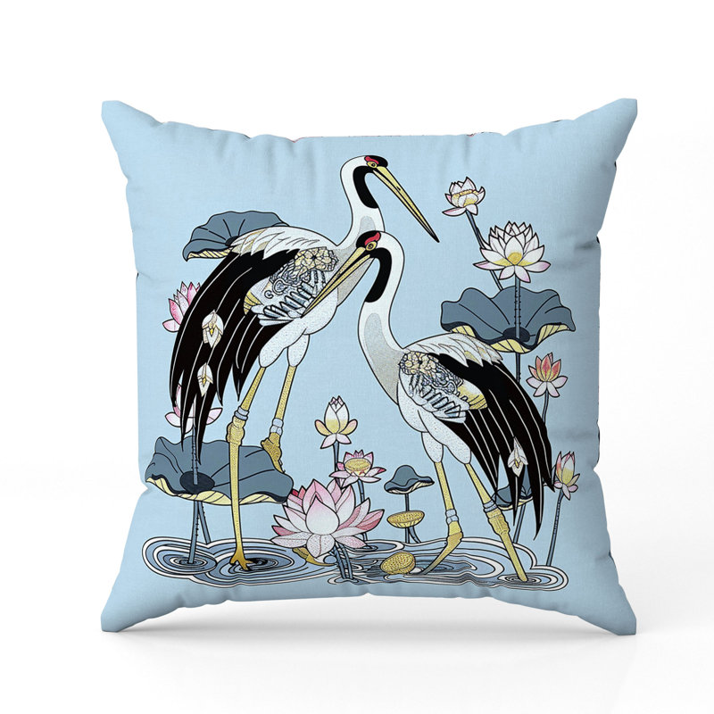 Coussin Crane and Lotus, Bleu / Noir, H 20 po x l 20 po
