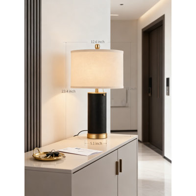 Ensemble de 2 lampes de table modernes avec lumière DEL à intensité variable à 3 niveaux, corps en cuir synthétique et abat-jour en tissu pour le salon, la chambre à coucher, le bureau et la table de chevet