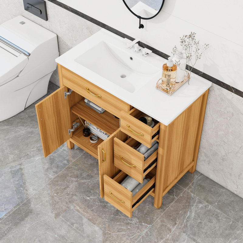 Meuble-lavabo à trois tiroirs en bois avec tablette réglable et 2 portes à fermeture douce
