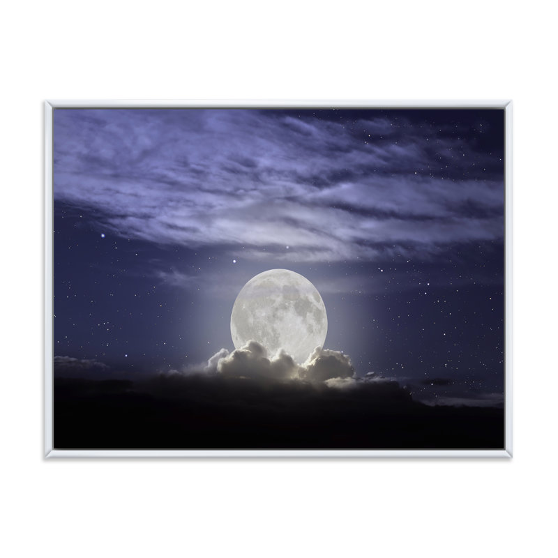 Pleine lune se levant dans une nuit nuageuse - photographie sur toile, H 16 po x l 32 po x p 1 po, Cadre flottant blanc