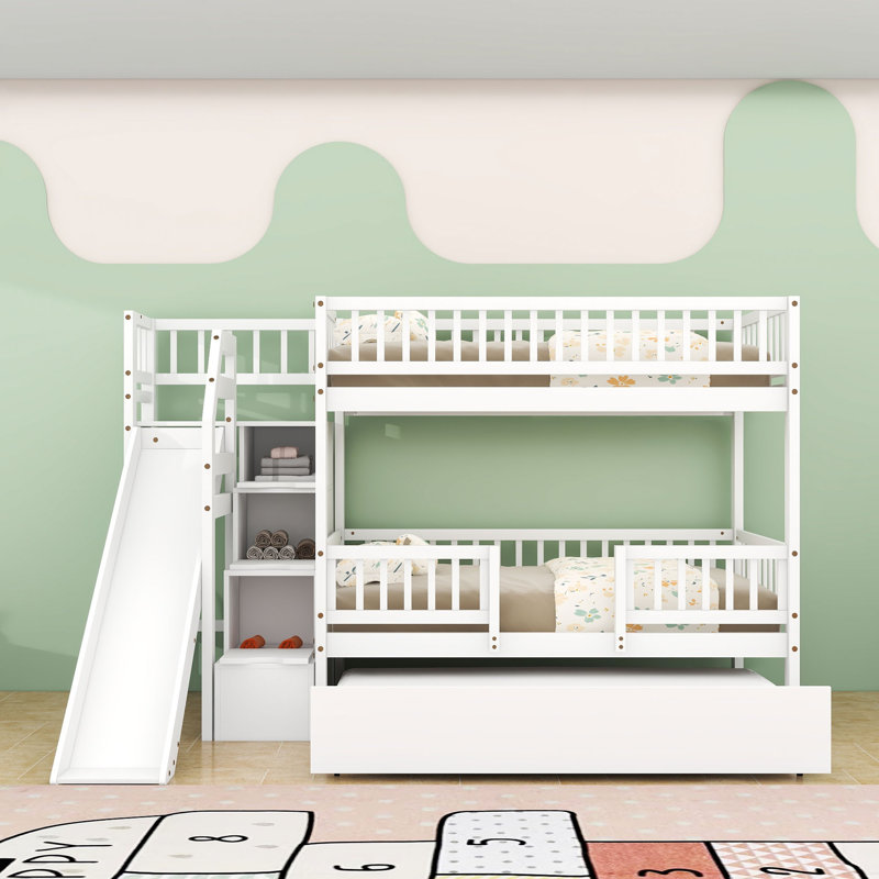 Lit superposé avec glissière, lit gigogne et escalier de rangement, White