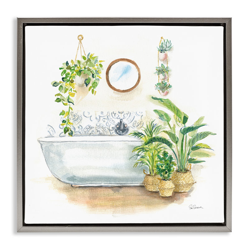 «Serene Bathroom Interior» par Sue Schlabach, H 18 po x l 18 po x P 1,7 po, Cadre flottant gris lustré