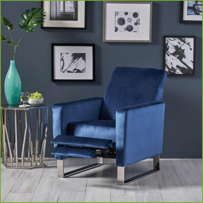 Recliners, Push-Back Modern Glam Recliner with Stainless Steel Legs | Blue | Velvet