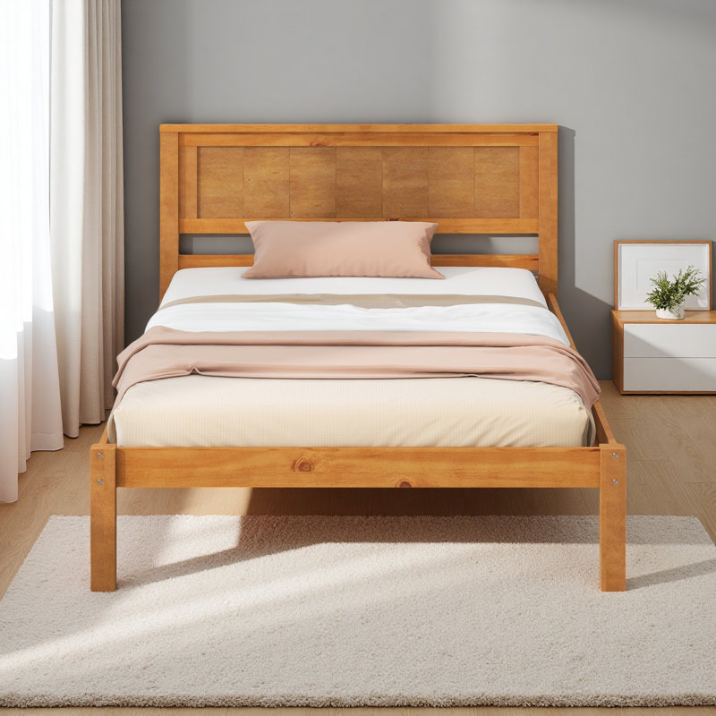 Base de lit plateforme avec tête de lit, support à lattes de bois, aucun sommier requis, Lit simple, Chêne
