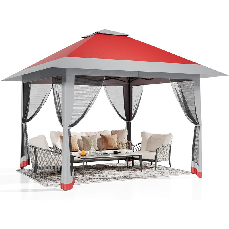 3x3m Double Top Pop Up Gazebo with Mesh Sidewalls, Waterproof Polyester Instant Canopy Shelter with Sandbags for Patio, Backyard, Wedding and Outdoor Party