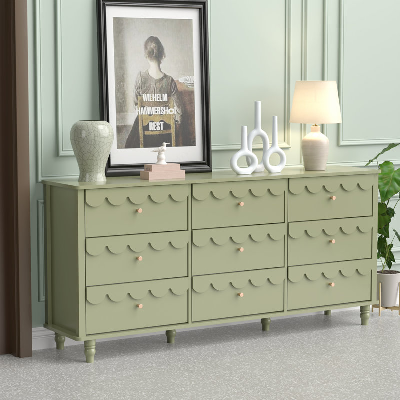 9 - Drawer 63.1"w Flower Decoration Dresser, Green
