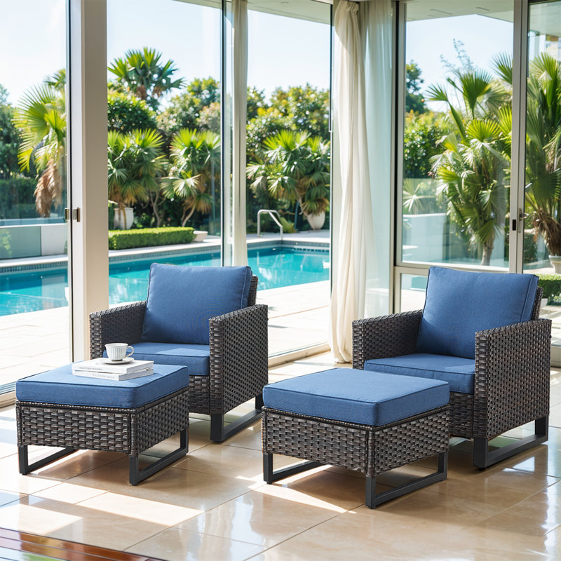 Ensemble de 2 chaises de patio d'extérieur avec repose-pieds Nazime, Bleu, Brun