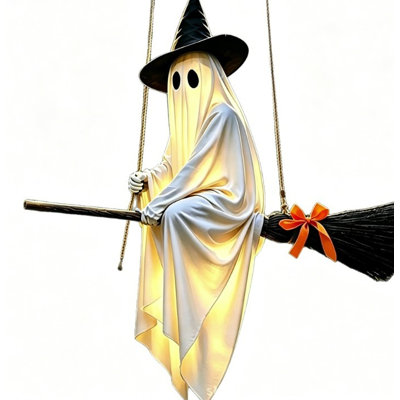 Halloween Flying Ghost On Broomstick Lighted Hanging Decoration Cute Glowing Ghost Ornament With Remote Control For Front Porch Yard Patio Outdoor Ind