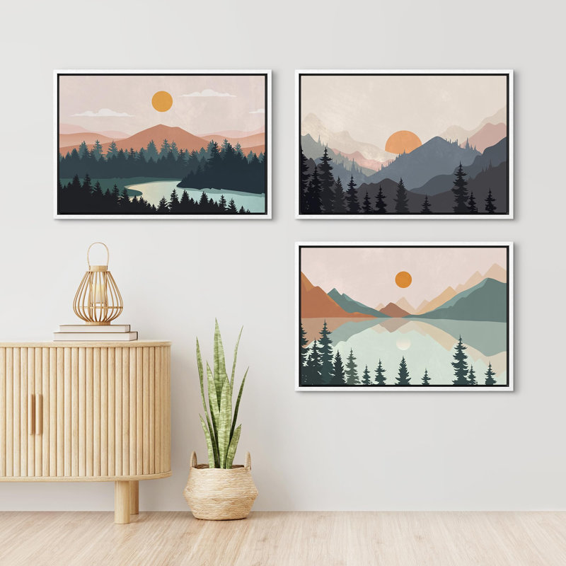 «Woodland Nursery Decor Sunrise Pastel Mountain River Nature Landscape», 3 pièces, Cadre blanc, H 16 po x l 24 po