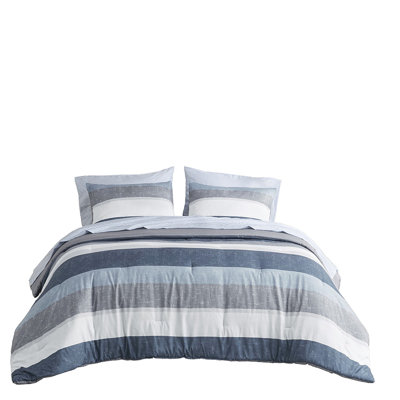 Stripe Comforter Bed In Grey, Blue - Modern Bedroom Decor Filling Machine Washable And Treated Complete Bedding With Color Scheme Microfiber Sheets Fi
