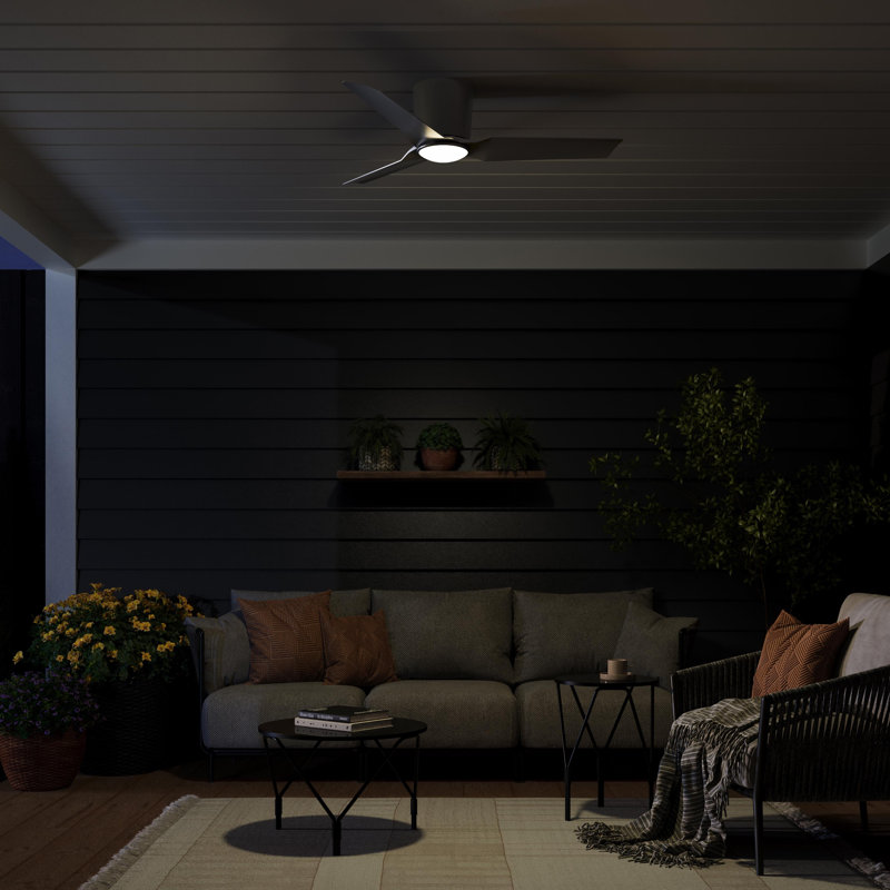 Rynn 48" 3-Blade Indoor/Outdoor Brushed Nickel Flush Mount Modern LED Ceiling Fan with Wall Control, Brushed Nickel