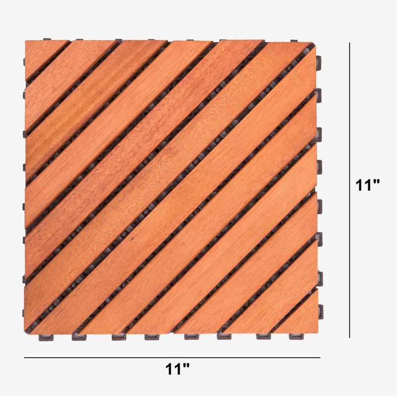Eucalyptus Interlocking Deck Tiles with Diagonal Slats, Set of 10