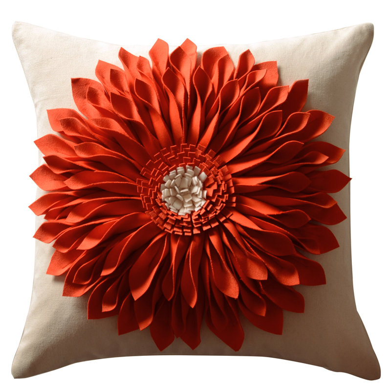 Appliqued Floral Accent Pillow Cover Sunflower Decorative Throw Pillow Case 18in, Orange/Beige