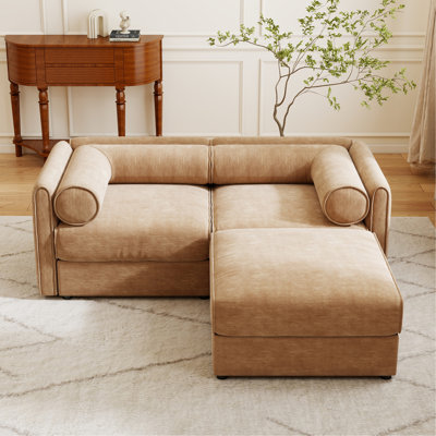 Stylish Camel Chenille 2-Seater Sofa With Ottoman Storage Seat, Cylindrical Backrest And Armrests, Modern Fabric Loveseat Featuring Hidden Storage Space