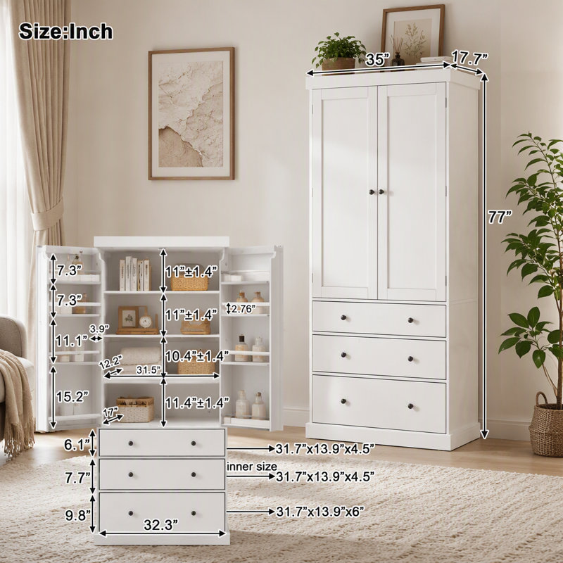 Armoire de cuisine, armoire de rangement autoportante avec 3 tablettes réglables, 3 tiroirs pour la cuisine et la salle à manger
